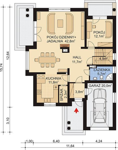 Projekt domu APS 045 + P - rzut parteru, dom liczy 5 pokoje, 2 łazienki i wc