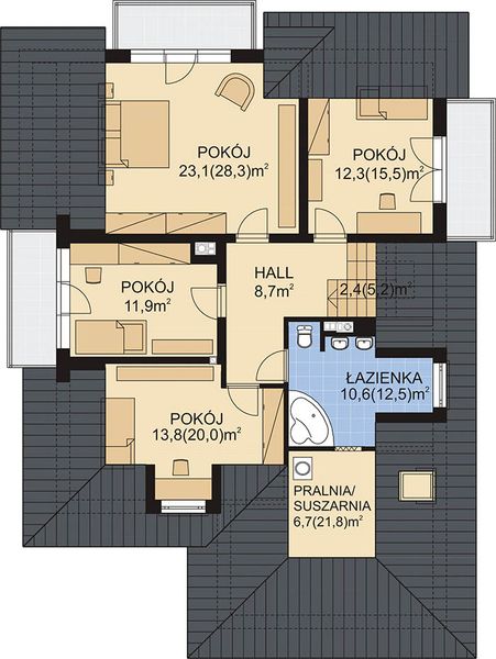 Projekt domu APS 045 + P - rzut poddasza, dom liczy 5 pokoje, 2 łazienki i wc