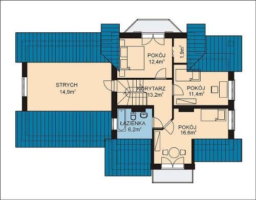 Projekt domu APS 035 + 2G - rzut poddasza, dom liczy 3 pokoje, 2 łazienki i wc