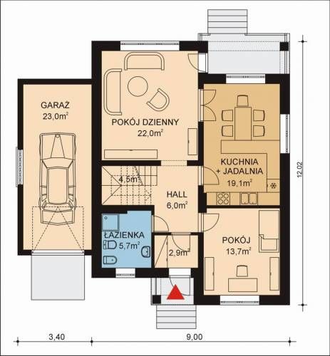 Projekt domu APS 007 + G - rzut parteru, dom liczy 4 pokoje, 2 łazienki i wc