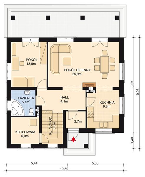 Projekt domu APS 198 - rzut parteru, dom liczy 4 pokoje, 2 łazienki i wc