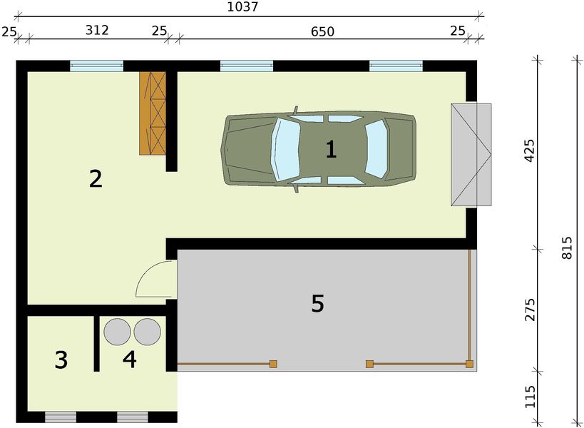Parter projektu G285 garaż jednostanowiskowy z pomieszczeniem gospodarczym i werandą
