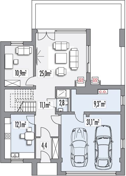 Parter projektu Alamo wersja C z podwójnym garażem paliwo stałe