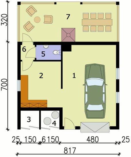 Parter projektu G121 garaż jednostanowiskowy z werandą i pomieszczeniem gospodarczym