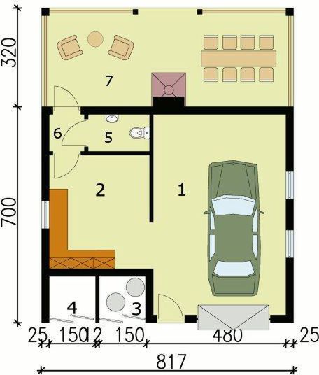 Parter projektu G122 garaż jednostanowiskowy z werandą