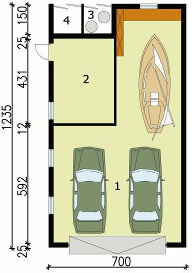 Parter projektu G125 garaż dwustanowiskowy z pomieszczeniem gospodarczym