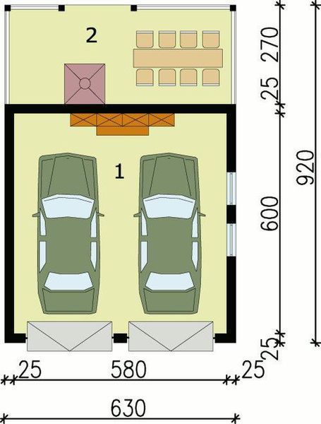 Parter projektu G36 garaż dwustanowiskowy z werandą