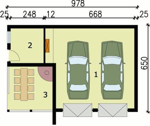 Parter projektu G42 garaż dwustanowiskowy z pomieszczeniem gospodarczym i altaną ogrodową z grilem