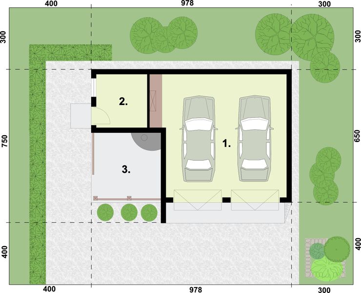 Parter projektu G255 garaż dwustanowiskowy z pomieszczeniem gospodarczym i altaną