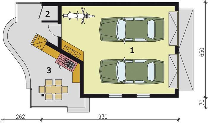 Parter projektu G190 garaż dwustanowiskowy z werandą