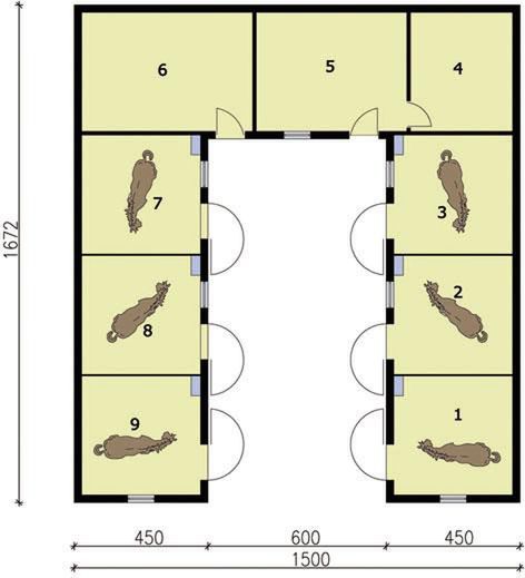Parter projektu S32 Stajnia angielska dla koni z boksami z wyjściem na zewnątrz - 6 boksów