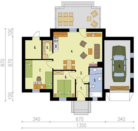 Projekt domu Lozanna - rzut parteru, dom liczy 2 pokoje, 1 łazienki i wc