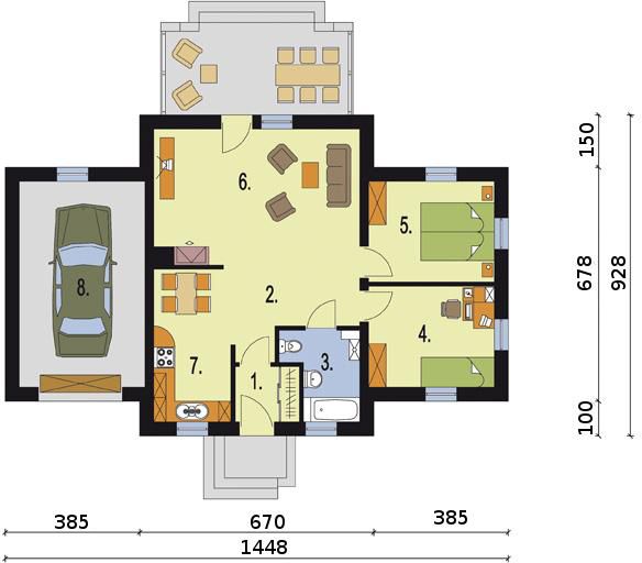 Projekt domu Toledo - rzut parteru, dom liczy 2 pokoje, 1 łazienki i wc
