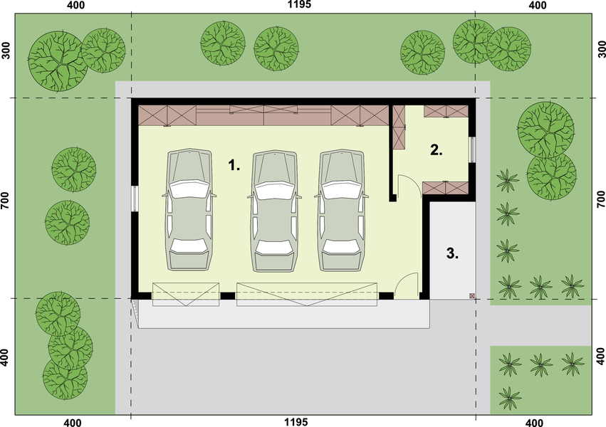 Parter projektu G158 garaż trzystanowiskowy