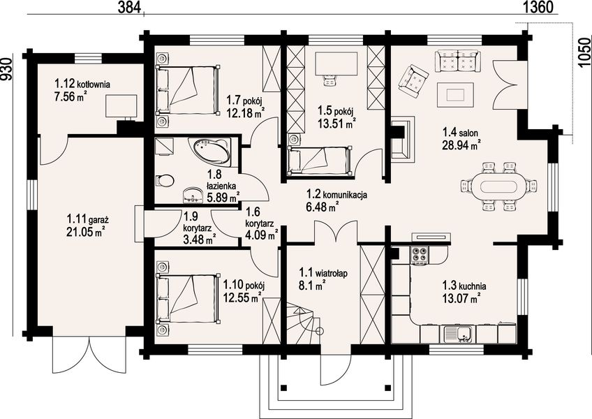 Parter projektu Dębina z garażem 6