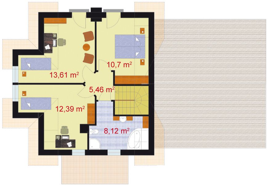 Projekt domu Dolores - rzut poddasza, dom liczy 3 pokoje, 2 łazienki i wc