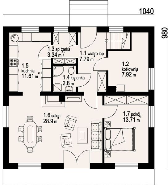 Projekt domu Czaplowo - rzut parteru, dom liczy 4 pokoje, 2 łazienki i wc