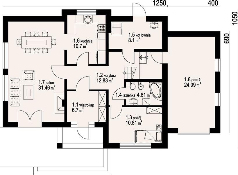 Parter projektu Sławków z garażem