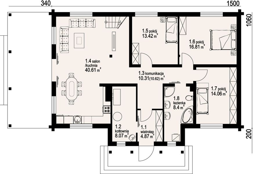 Projekt domu Chmielów dw7 - rzut parteru, dom liczy 7 pokoje, 2 łazienki i wc