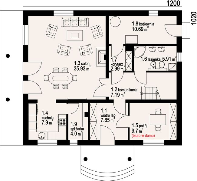 Projekt domu Borków 11 - rzut parteru, dom liczy 5 pokoje, 2 łazienki i wc