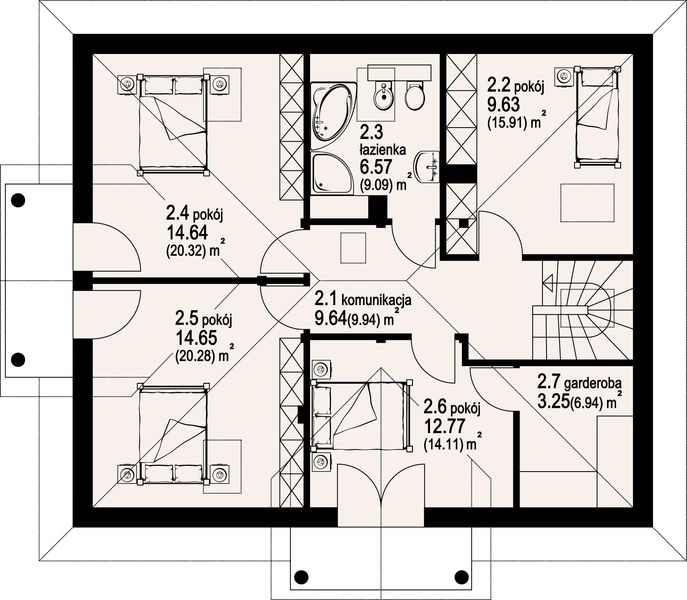 Projekt domu Borków 11 - rzut poddasza, dom liczy 5 pokoje, 2 łazienki i wc