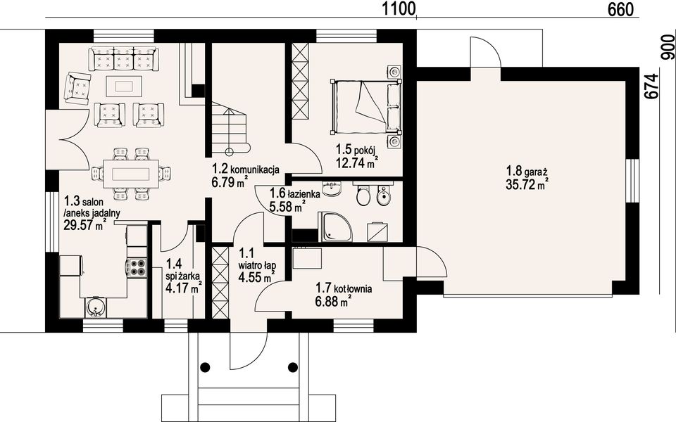 Projekt domu Jaworze 7 - rzut parteru, dom liczy 5 pokoje, 2 łazienki i wc