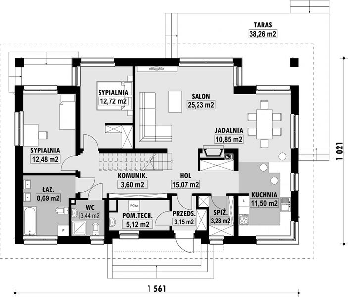 Projekt domu E-154 - rzut parteru, dom liczy 2 pokoje, 2 łazienki i wc