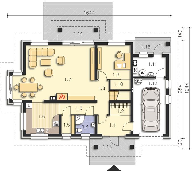 Projekt domu Dayton DCP261 - rzut parteru, dom liczy 5 pokoje, 3 łazienki i wc