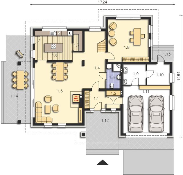 Projekt domu Brisbane DCP262 - rzut parteru, dom liczy 5 pokoje, 3 łazienki i wc