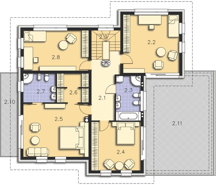 Projekt domu Brisbane DCP262 - rzut 1 piętra, dom liczy 5 pokoje, 3 łazienki i wc