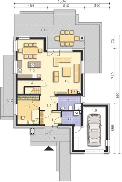 Projekt domu Garda DCP310 - rzut parteru, dom liczy 4 pokoje, 3 łazienki i wc