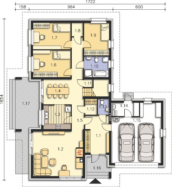 Projekt domu Ajaccio IV DCP282 - rzut parteru, dom liczy 5 pokoje, 3 łazienki i wc