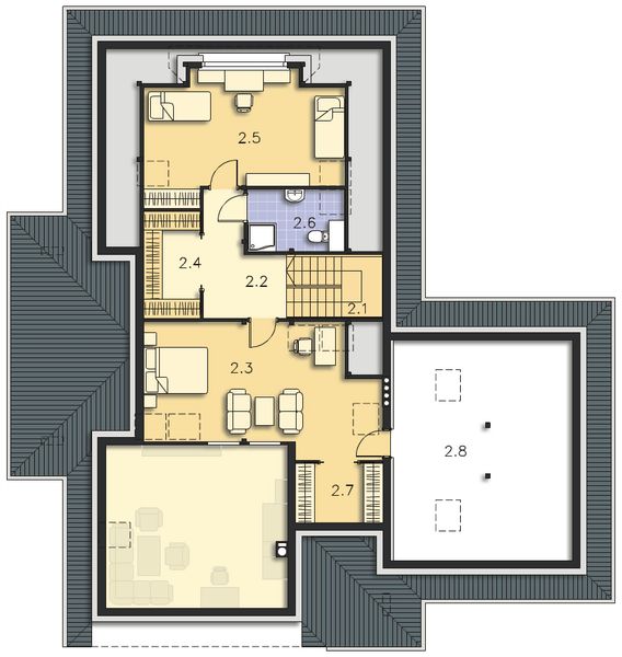 Projekt domu Ajaccio IV DCP282 - rzut poddasza, dom liczy 5 pokoje, 3 łazienki i wc