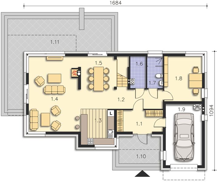 Projekt domu Imperia II DCP286a - rzut parteru, dom liczy 5 pokoje, 2 łazienki i wc