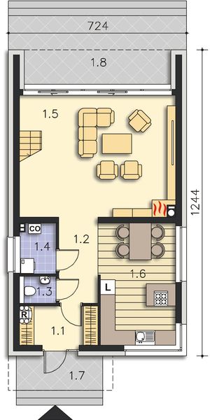 Projekt domu Delft DCP294 - rzut parteru, dom liczy 2 pokoje, 2 łazienki i wc