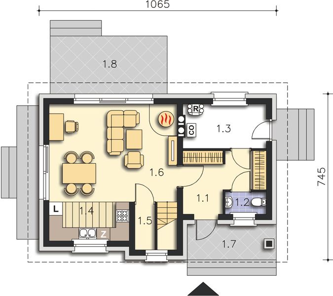 Projekt domu Alamo DCP300 - rzut parteru, dom liczy 3 pokoje, 2 łazienki i wc
