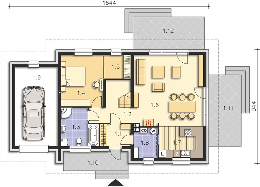 Projekt domu Sanremo DCP309 - rzut parteru, dom liczy 4 pokoje, 2 łazienki i wc
