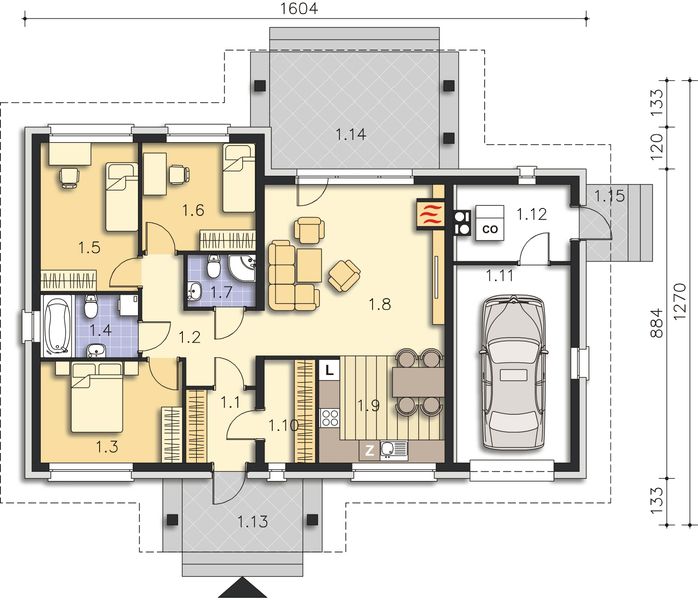 Projekt domu Lucia II DCB88a - rzut parteru, dom liczy 3 pokoje, 2 łazienki i wc