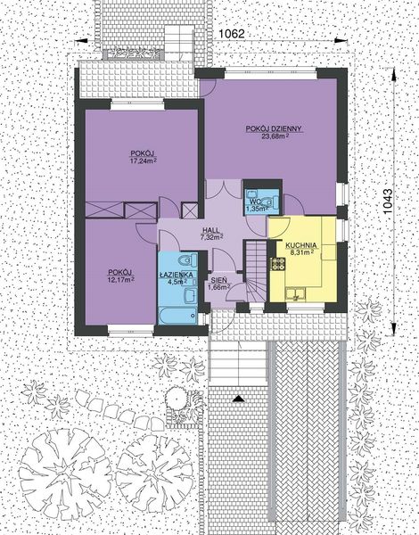 Projekt domu W-0109 - rzut parteru, dom liczy 2 pokoje, 2 łazienki i wc