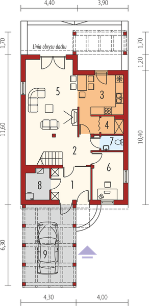 Projekt domu Lara (z wiatą) - rzut parteru, dom liczy 4 pokoje, 2 łazienki i wc