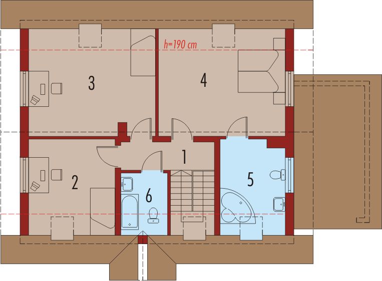 Projekt domu Honoratka (z wiatą) - rzut poddasza, dom liczy 4 pokoje, 3 łazienki i wc
