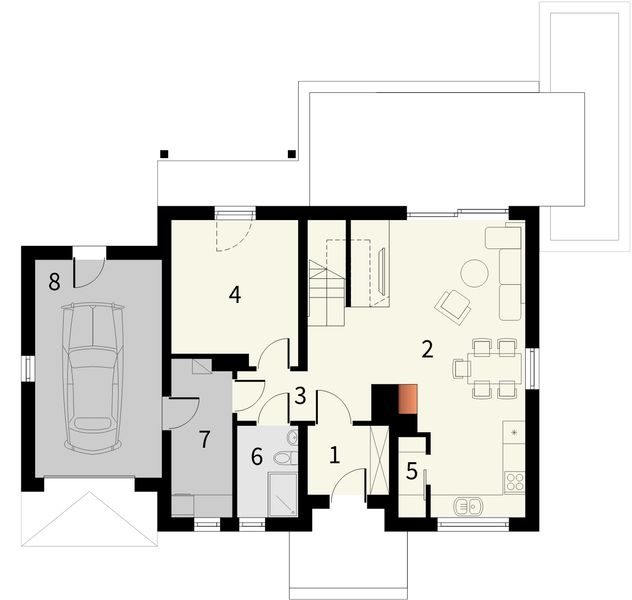 Projekt domu Gradient - rzut parteru, dom liczy 4 pokoje, 2 łazienki i wc