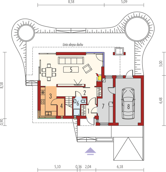 Projekt domu Tim G1 (wersja B) - rzut parteru, dom liczy 3 pokoje, 2 łazienki i wc