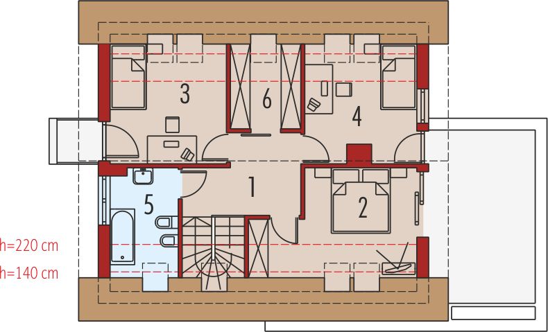 Projekt domu Tim G1 (wersja B) - rzut poddasza, dom liczy 3 pokoje, 2 łazienki i wc