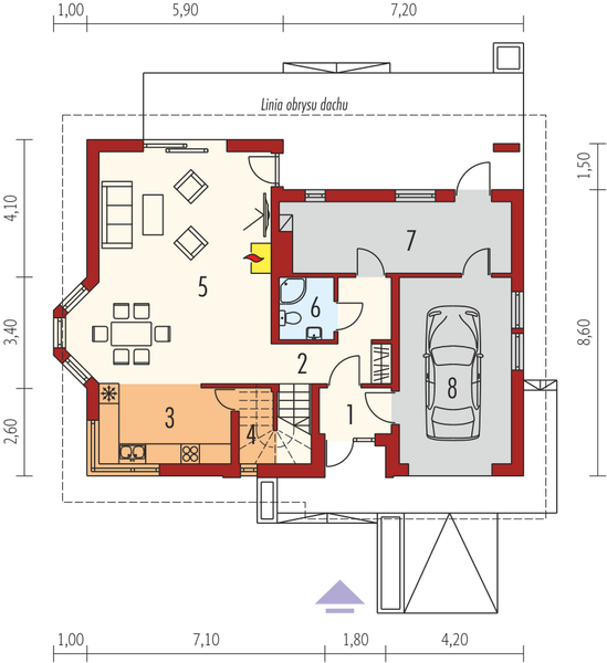 Projekt domu Demi G1 (wersja A) - rzut parteru, dom liczy 4 pokoje, 2 łazienki i wc