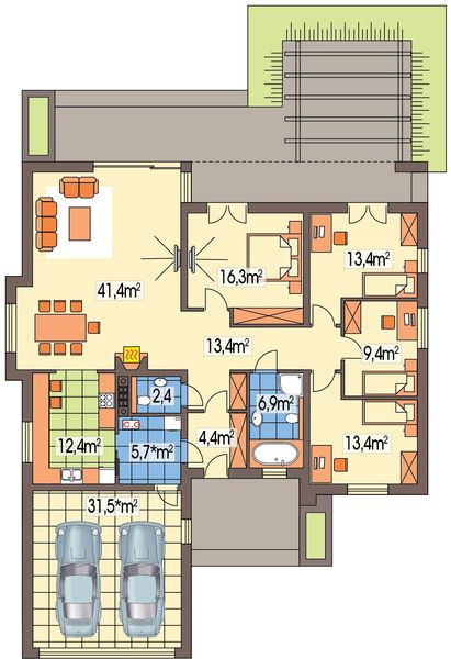 Parter projektu Tytus wersja B parterowa, podwójny garaż paliwo stałe