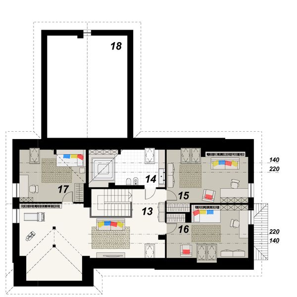 Projekt domu TK175 - rzut poddasza, dom liczy 6 pokoje, 3 łazienki i wc