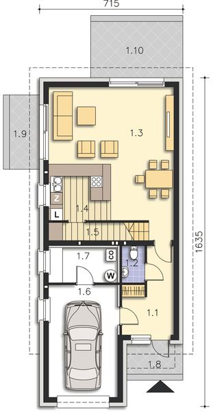 Projekt domu Brunico II LMP345a - rzut parteru, dom liczy 3 pokoje, 2 łazienki i wc