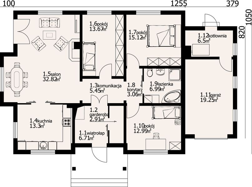 Parter projektu Dębina z garażem 5 dws