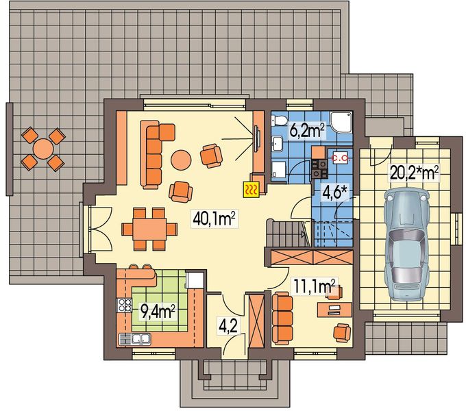 Projekt domu Orchidea wersja A paliwo stałe - rzut parteru, dom liczy 4 pokoje, 2 łazienki i wc